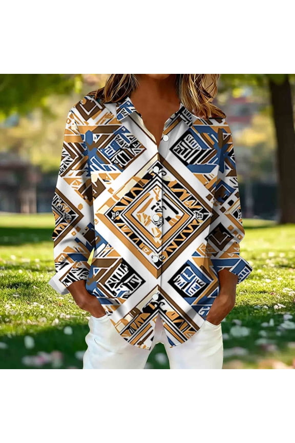 Blouses for Women Business Casual Yellow Collared Button Down Aztec Tops Western Long Sleeve Lightweight Women's T-Shirts,S