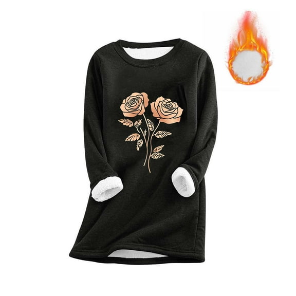 Fznquz Blouses for Women Dressy Casual Black Long Sleeve Fleece Winter Shirt Loungewear Pullover Crew Neck Warm Womens Shirt