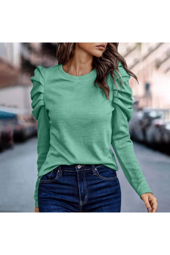 Blouses for Women Dressy Casual Green Puff Sleeve Blouses Plain Work 2026 Womens Tshirt,XXL