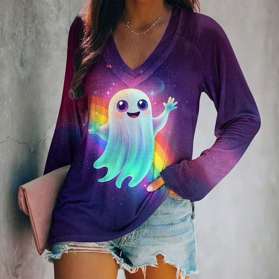 Fznquz Blouses for Women Dressy Purple Ghost Halloween Plus Size Shirt Long Sleeve V Neck Cute Casual Women Shirts