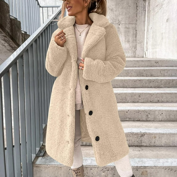 Fznquz Blouses for Women Fleece Fuzzy Beige Trench Coat Trendy Winter Long Sleeve Blouses,L
