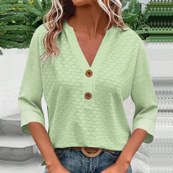 Fznquz Blouses for Women Green Formal 3/4 Length Sleeve Tees Button Trendy V Neck Elegant Clothes for Women,S