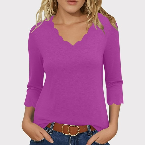 Fznquz Blouses for Women Plain 3/4 Length Sleeve Purple Shirt Casual V Neck Solid Fall Clothing,L