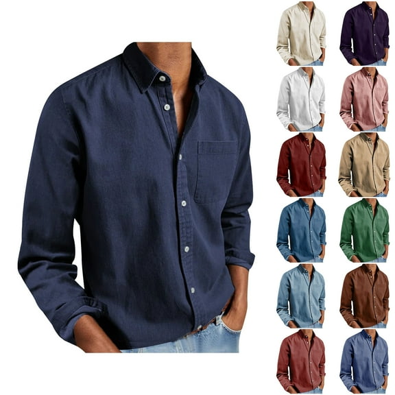 Fznquz Blue Big and Tall Button Up Shirt Men Plain Long Sleeve Shirts Button down Collared Pocket Big and Tall Men Clothes