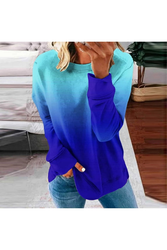 Blue Fall Blouses for Women 2025 Crewneck Long Sleeve Fall Tee Gradient Casual Shirts for Women