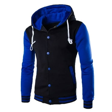 Fznquz Blue Fall Jackets for Men Letterman Jacket Heavy Hooded Baseball Button Down Mens Coat Big and Tall