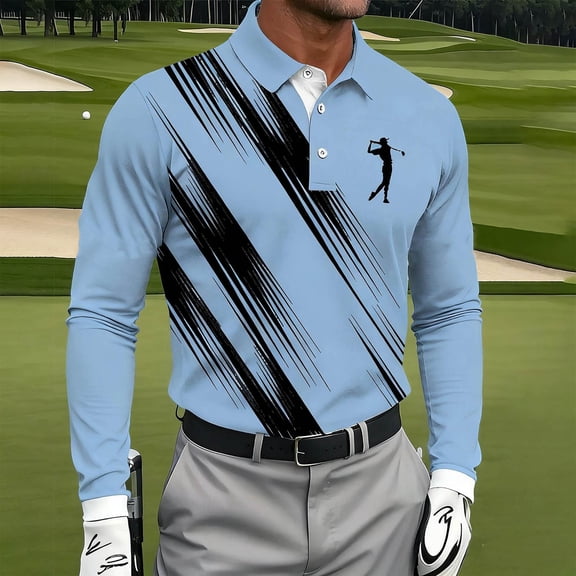 Fznquz Blue Golf Polo Golf Long Sleeve Collared Cotton Shirt Pullover Regular Fit Casual Mens Clothes Trendy