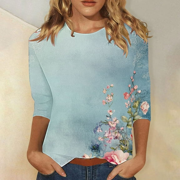 Fznquz Blue Ladies Blouses Floral Spring Fall Y2K Shirts Dressy Casual 3/4 Sleeve Loose Fit Tops Womens L