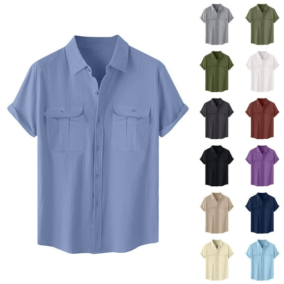 Fznquz Blue Men's Big and Tall Button Up Shirt Cotton Linen Plain Short Sleeve Button down Shirt Soft Vintage Mens Clothes
