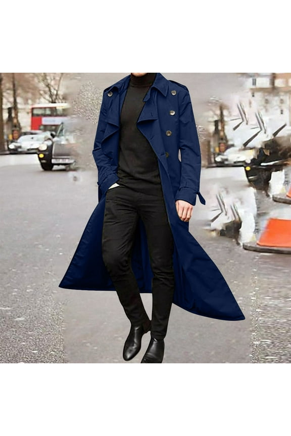 Blue Mens Jacket Under $20 Casual Trench Coat Long Jacket Double Breasted Overcoat Coat for Men M