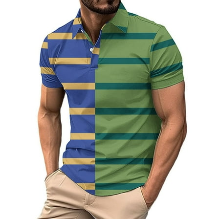 Fznquz Blue Mens Polo Shirts with Collar Summer Casual Polo Button Moisture Wicking Performance Stripe Shirts Men L