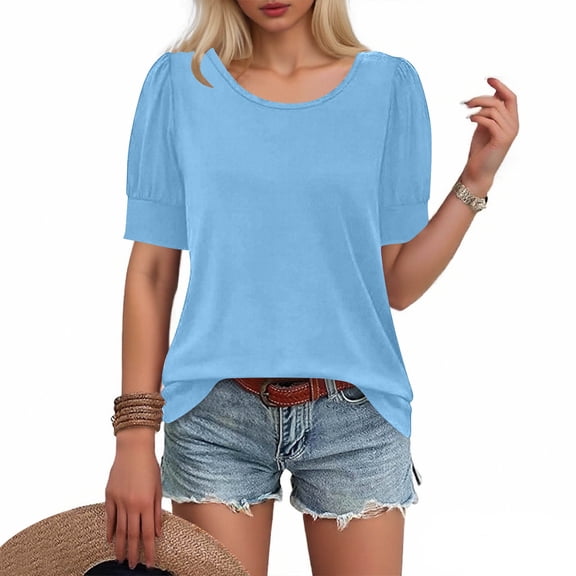 Fznquz Blue Plus Size Womens Tops Dressy Casual Spring Short Sleeve Tees Formal Crew Neck Y2k Women T Shirts,S