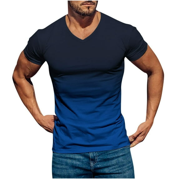 Fznquz Blue Shirt Men Short Sleeve V Neck Summer Gradient Big & Tall T-Shirts L