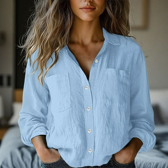 Fznquz Blue Women Blouses Long Sleeve Button Down Dressy Casual Shirt Pockets Elegant Plain Tops Womens XXL