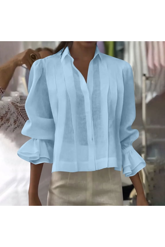 Blue Women Blouses Plain Linen Dressy Casual Blouse Puff Sleeve Spring Work Womens Shirt,S
