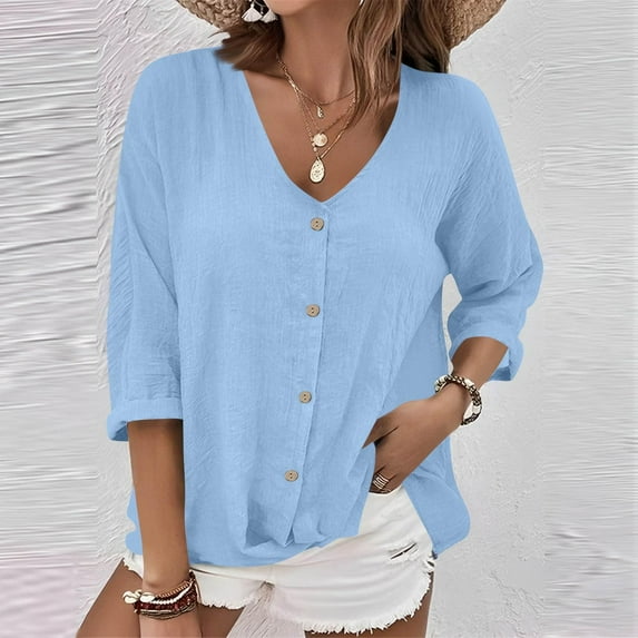 Fznquz Blue Women Blouses Plain V Neck Button Up Shirts Fall Casual Winter Long Sleeve Tees for Women