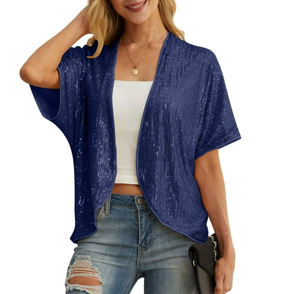 Fznquz Blue Womens Cardigan Half Sleeve Cover Up Lightweight Cardigan Open Front Sequin Summer Jacket