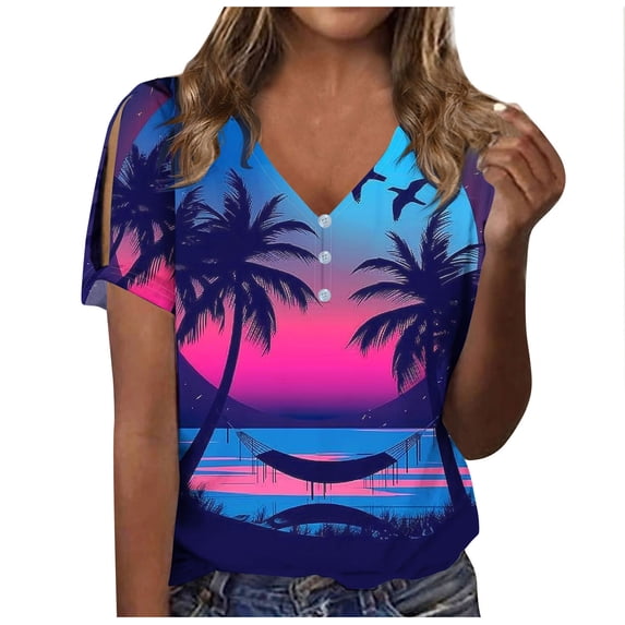 Fznquz Blue Womens Plus Size Tops Short Sleeve Loose Dressy Casual Shirt V Neck Summer Boho Womens Blouses