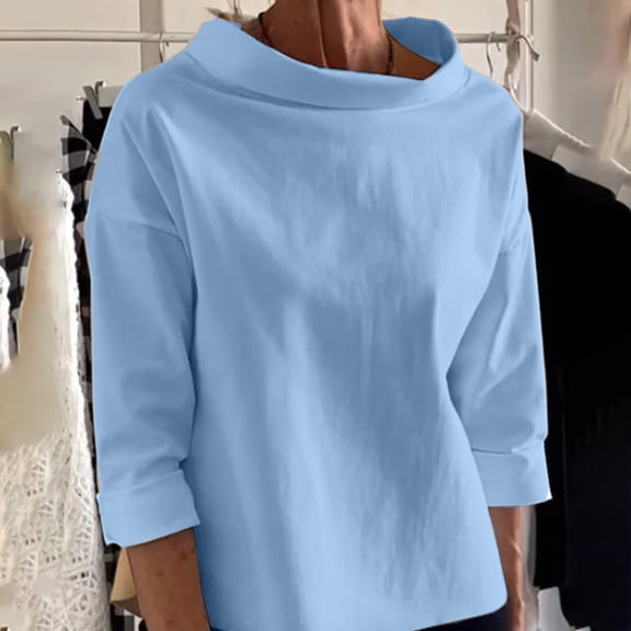 Fznquz Blue Womens Sweatshirts Cotton Plain Long Sleeve Sweatshirts Solid Color Fall Casual Tops