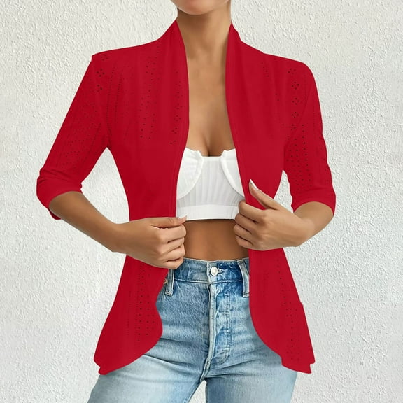Fznquz Bolero Plus Size Cardigan for Women Red Open Front Lightweight Cardigan Shrug Sweater 3/4 Sleeve Jacket