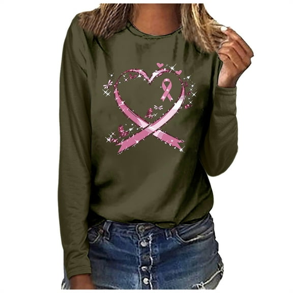 Fznquz Breast Cancer Awareness Women's Long Sleeve Tops Green Shirt Fall 2025 Casual Womens Tee