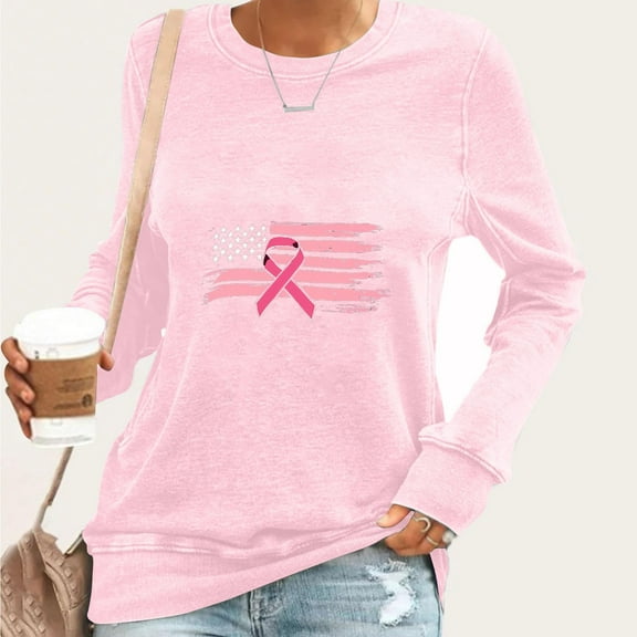 Fznquz Breast Cancer Women Blouses Pink Long Sleeve Crewneck Shirts Fall Graphic Casual Women Clothes