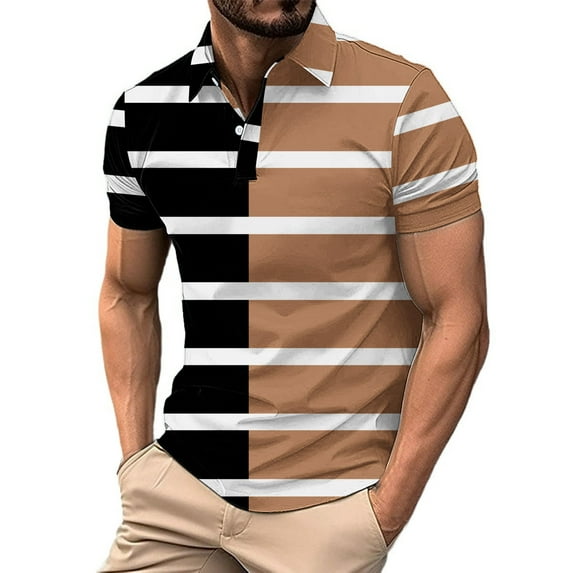 Fznquz Brown Mens Tshirts Summer Casual Polos Button Performance Moisture Wicking Stripe Shirt M