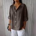 thumbnail image 1 of Fznquz Brown Plus Size Womens Tops 3/4 Sleeve Linen Button Down Shirt Solid Color V Neck Loose Plain Winter Clothes,M, 1 of 6
