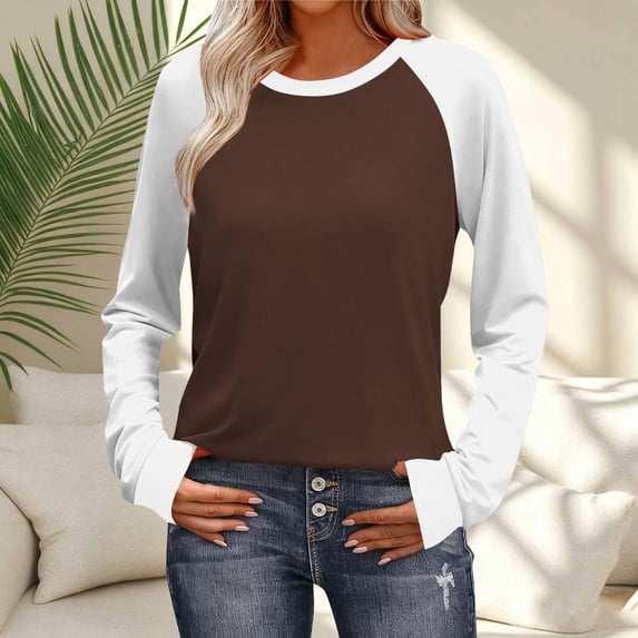 Fznquz Brown Womens Tops Fall 2026 Long Sleeve Dressy Casual Color Block T Shirt Crewneck Spring Womens Winter Clothes,M