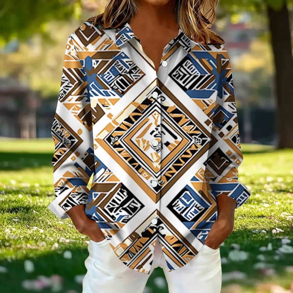 Fznquz Button Down Blouses for Women Business Casual Aztec Yellow Collared Tees Lightweight Western Long Sleeve Women Shirts,XXXL