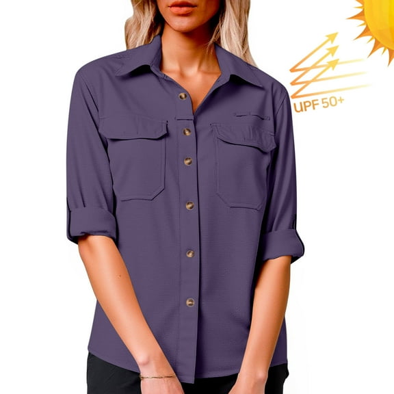 Fznquz Button Down Plus Size Blouses for Women Long Sleeve Purple Collared Tees Spring Fall Casual Plain Upf 50 Tees,XXL