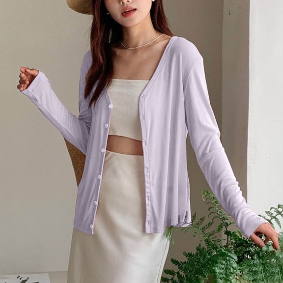 Fznquz Button Down Women Cardigan Sweater Lightweight Purple V Neck Cardigan Soft Open Front Knit Tops