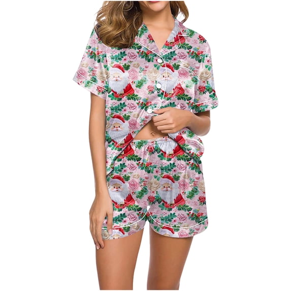 Fznquz Button Down Women Pajama Sets 2 Piece Satin Christmas Lounge Short Sleeve Soft Xmas Women Lounge Set