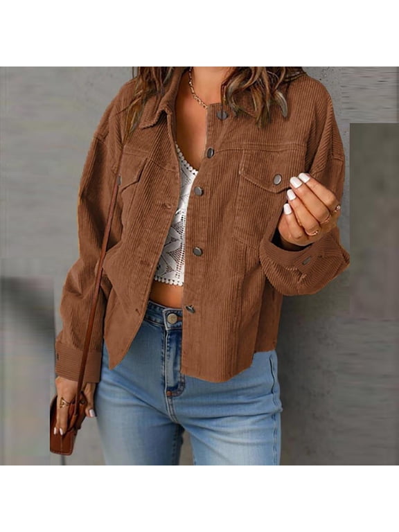 Button Down Womens Blouses for Work Corduroy Collared Brown Shacket Pockets Button-Up Long Sleeve Women's Winter Fashion,M
