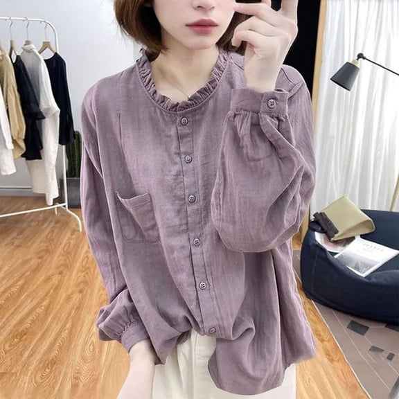 Fznquz Button Down Womens Business Casual Tops Purple Long Sleeve Plain Shirts Pocket Fall Women's Tee Shirts