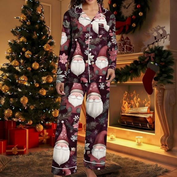 Fznquz Button Down Womens Christmas Pajamas Soft Comfy Pajama Xmas Print 2025 Long Sleeve 2 Piece Plus Size Lounge Set