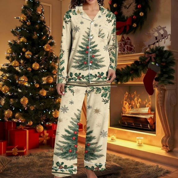 Fznquz Button Down Womens Pajamas Set Christmas Soft Cute Pjs Xmas Print 2 Piece 2025 Long Sleeve Lounge Sets