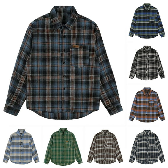 Fznquz Button Up Shirts for Men Casual Long Sleeve Brown Flannel Button down Shirt Pocket Casual Mens Clothes Trendy