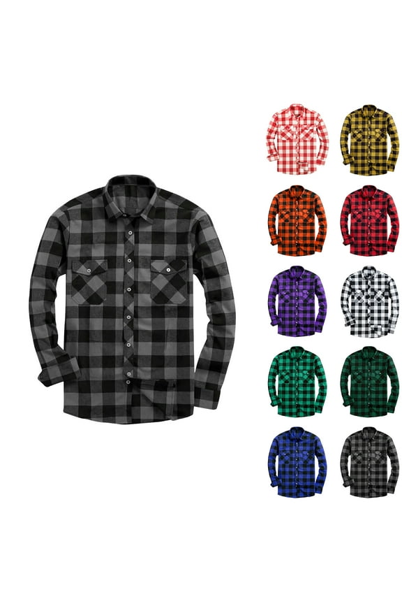 Fznquz Button Up Shirts for Men Gray Flannel Long Sleeve Button down Shirt Plaid Pocket Mens Clothes