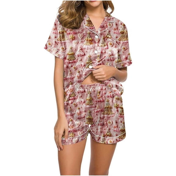 Fznquz Button Up Women Loungewear Set 2 Piece Christmas Satin Pjs Short Sleeve Soft Plus Size Pjs