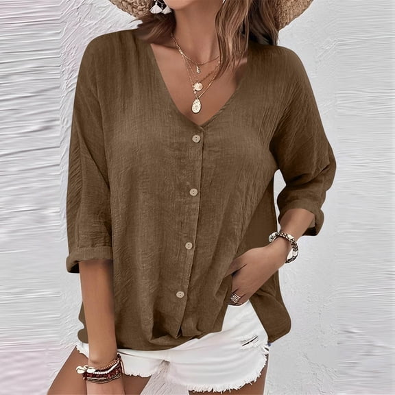 Fznquz Button Up Women’S Tops V Neck Plain Brown Shirts Long Sleeve Winter Fall Womens Shirts Dressy Casual