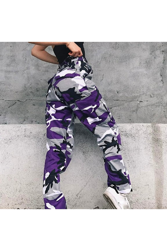 Camo Womens Pants Casual Purple High Waisted Ladies Slim Fit Pants,S