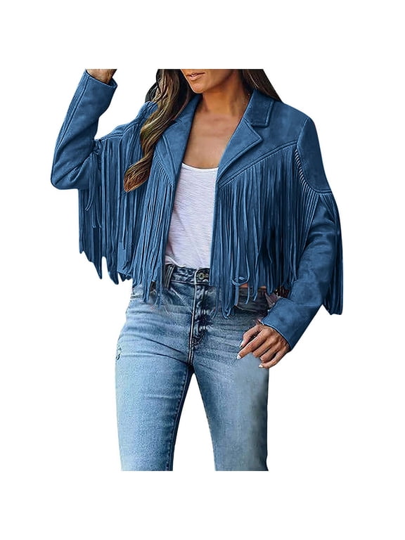 Cardigans for Women Fall Trendy Long Sleeve Jacket Fringe Open Front Tassel Blue Jackets