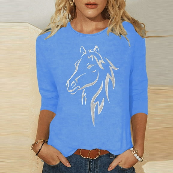 Fznquz Casual 3/4 Sleeve Tops for Women Blue Crewneck Shirts Trendy Animal Print Women Fall Fashion,S