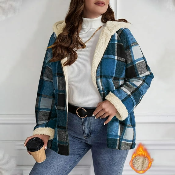 Fznquz Casual Blouses for Women 2026 Flannel Blue Plaid Blouse Hooded Fleece Spring Long Sleeve Shirt,M