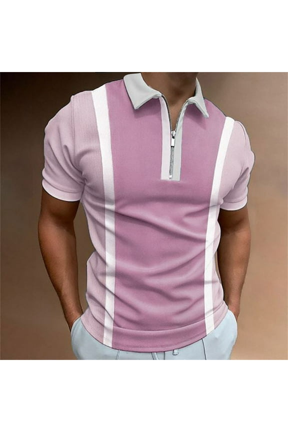 Casual Dress Shirts for Men Short Sleeve Pink Dress Color Block Zip Up Collared Boys Shirt XL