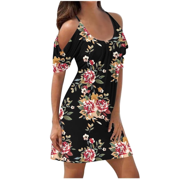 Fznquz Casual Dresses for Women Summer Beach Sun Dress Floral Off Shoulder Mini Spaghetti Strap Black Womens Fashion L