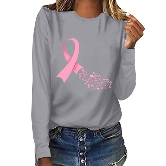 Fznquz Casual Ladies Tops Breast Cancer Awareness Long Sleeve Shirt Crew Neck Gray Fall Winter Women Clothes