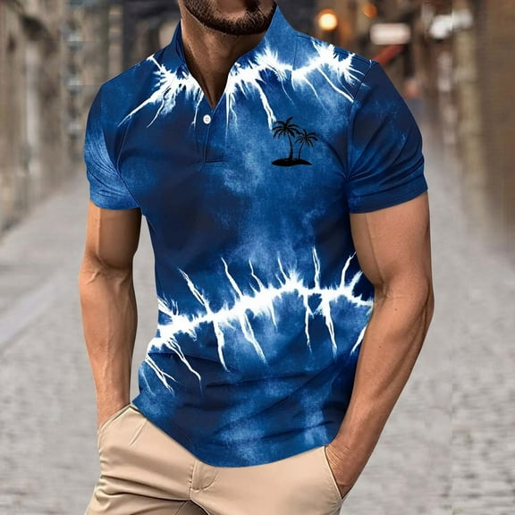 Fznquz Casual Mens Collared Shirt Blue Summer Short Sleeve Polo Tie Dye Moisture Wicking Shirts M