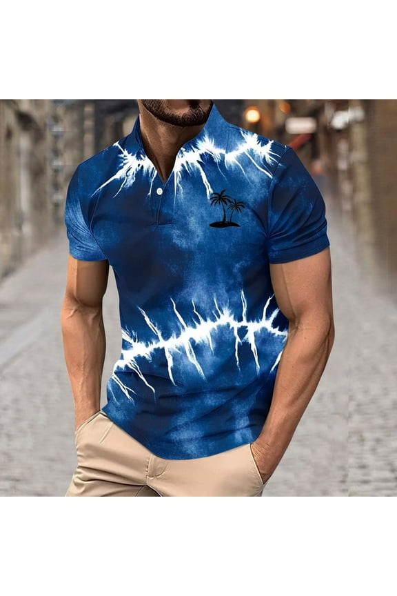 Casual Mens Collared Shirt Blue Summer Short Sleeve Polo Tie Dye Moisture Wicking Shirts M